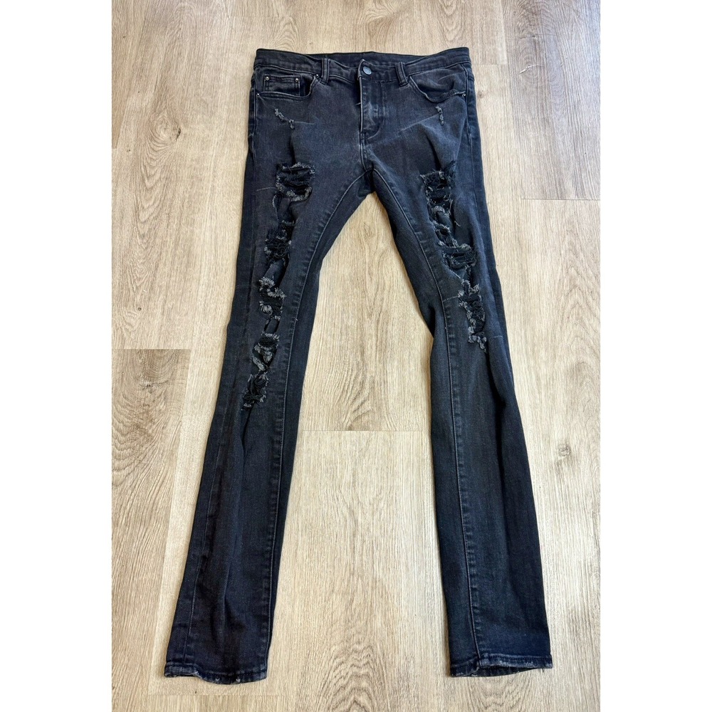 MNML M1 Distressed Black Denim Jeans Mens Size 32 Ripped Skinny Slim Fit